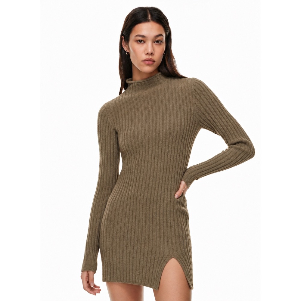 Wilfred Free Aritzia Hush Knit Station Dress Olive Green Ribbed Mock Neck S